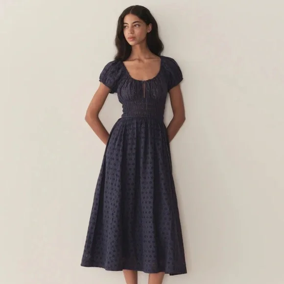 NWT Doen Quinn Cotton Short Sleeve Midi Maxi Dress Adriatic Eyelet Blue Navy NWT Doen Quinn Cotton Short Sleeve Midi Maxi Dress Adriatic Eyelet Blue Navy